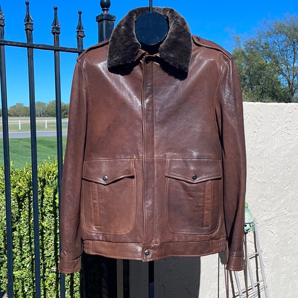 Remy Leather Other - Remy Brown Leather Jacket Shearling Collar 42